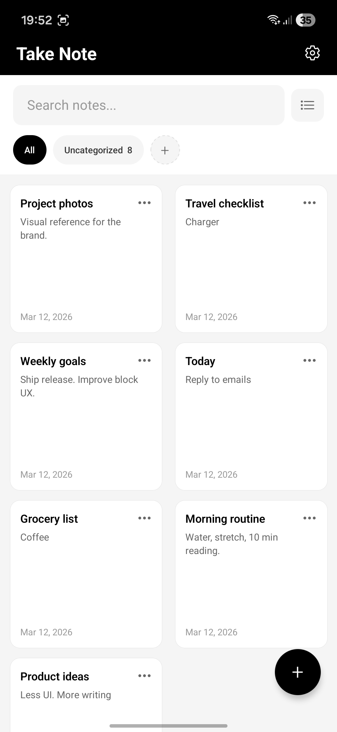 Home screen with notes list